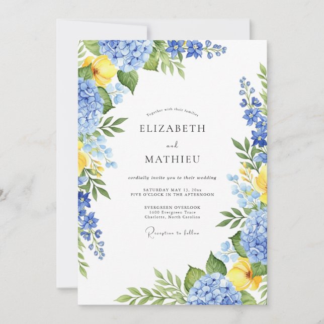 Convite Casamento Azul Sereno de Primavera (Frente)