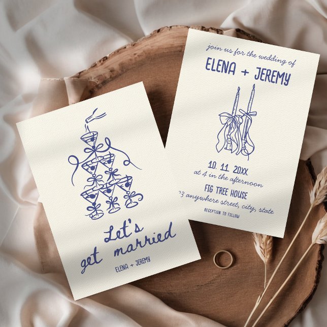 Convite Casamento Azul Simulado Retro Francês Simulado (Let's get married Funny Whimsical Quirky Hand Illustrated Blue French Vintage Wedding Invitation )