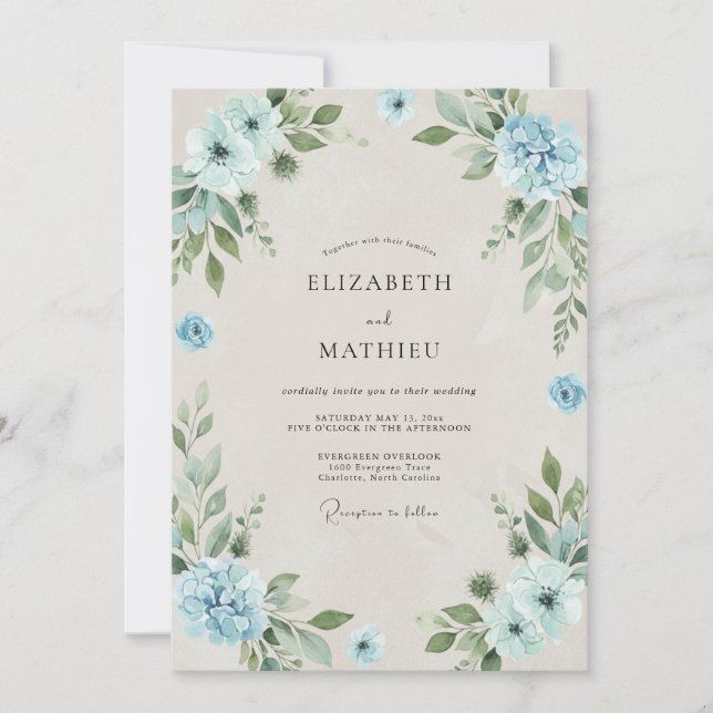 Convite Casamento Azul Suave de Centáurea e Folhas (Frente)