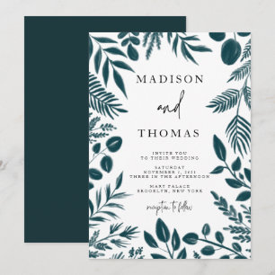 Convite Casamento Azul-Teal Botânico Elegante