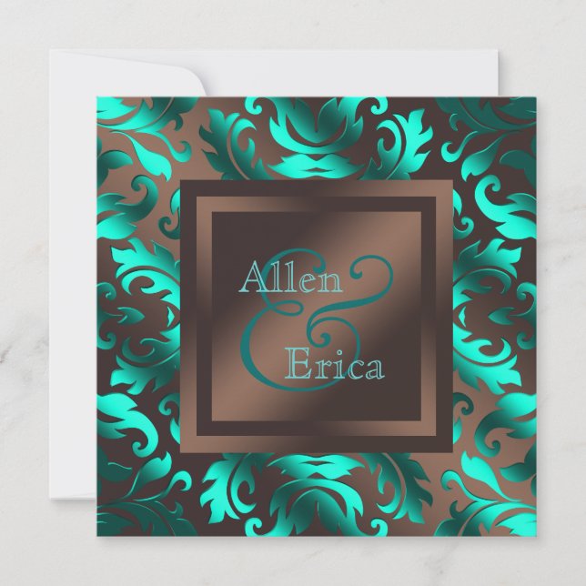 Convite Casamento Azul Teal e Marrom Chocolate (Frente)