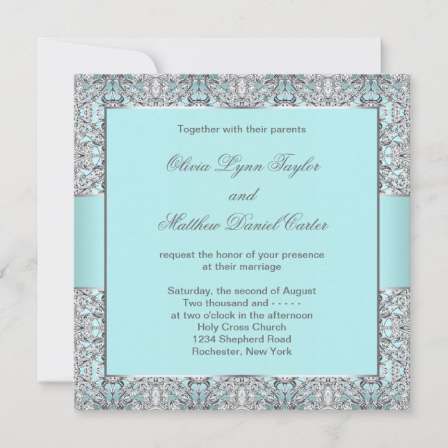 Convite Casamento Azul Teal Prata (Frente)