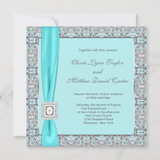Convite Casamento Azul Teal Prata (Frente)