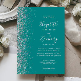 Convite Casamento Azul Teal Prata Moderno com Brilho na Bo