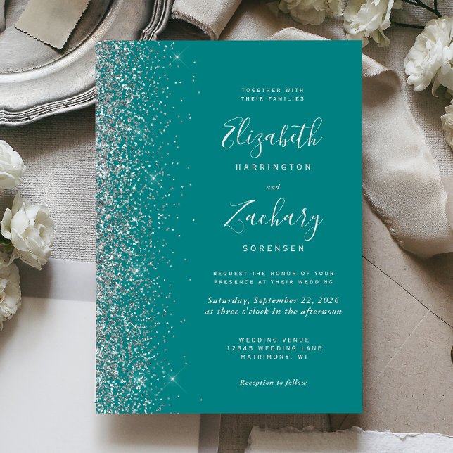 Convite Casamento Azul Teal Prata Moderno com Brilho na Bo (Criador carregado)
