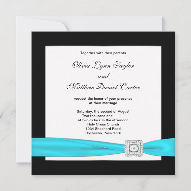 Convite Casamento Azul Teal Preto Teal (Frente)