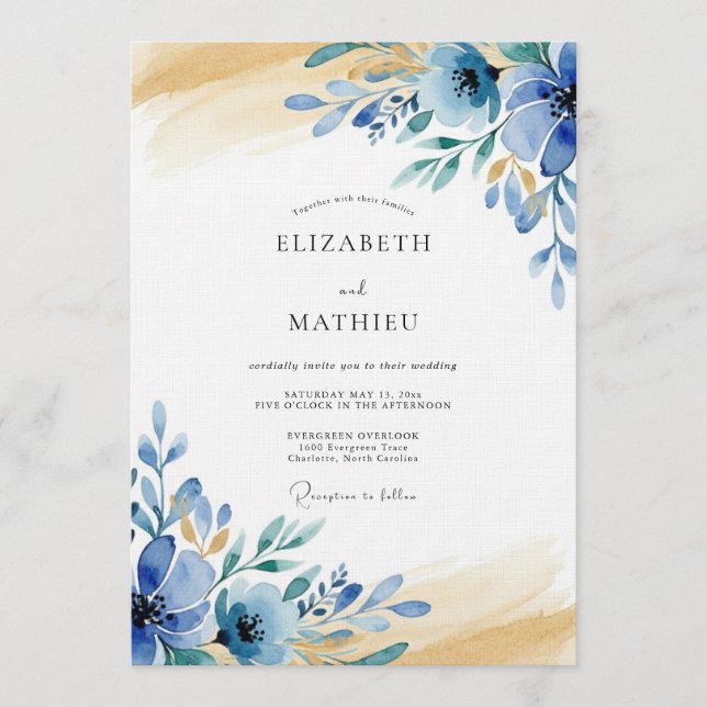 Convite Casamento Azul Texturizado Floral Caprichoso (Frente)