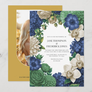 Convite Casamento Azul Tinta, Verde Ardósia e Areia de Inv