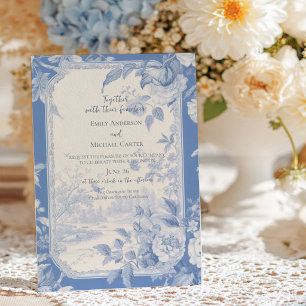 Convite Casamento Azul Toile Floral Francês Vintage