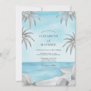 Convite Casamento Azul Tropical Palmeira Cinza Eucalipto