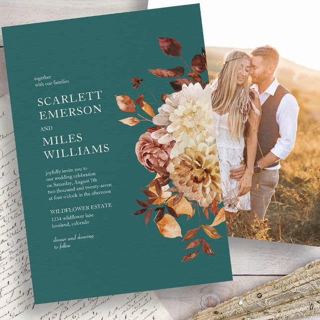 Convite Casamento Azul Turquesa de Outono (Fall Teal Floral Photo Wedding Invitation by Painted Paperie
)