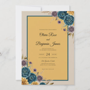 Convite Casamento Azul Turquesa Dourado Ranunculus Cinza E