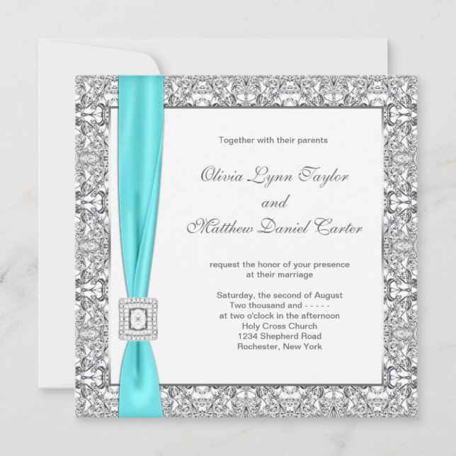 Convite Casamento Azul Turquesa e Prata (Frente)