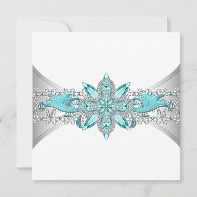 Convite Casamento Azul Turquesa e Prata Elegante (Frente)