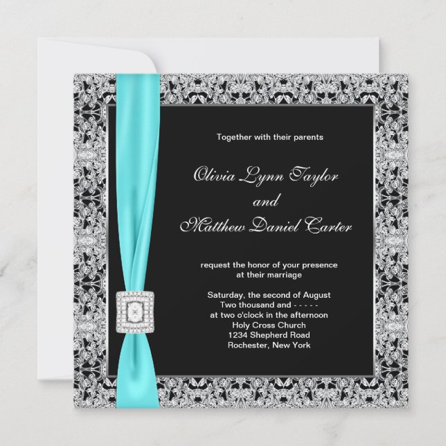 Convite Casamento Azul Turquesa Preto e Prata (Frente)