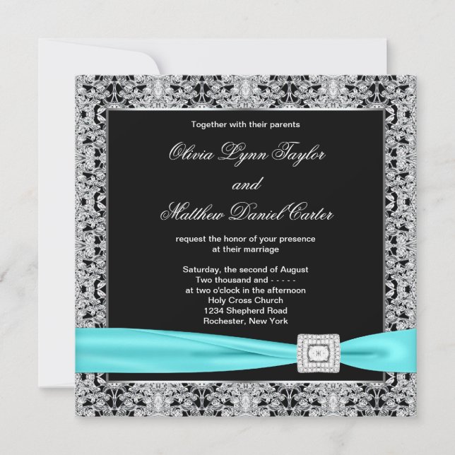 Convite Casamento Azul Turquesa Preto Prata com Renda com  (Frente)