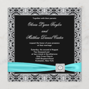 Convite Casamento Azul Turquesa Preto Prata com Renda com