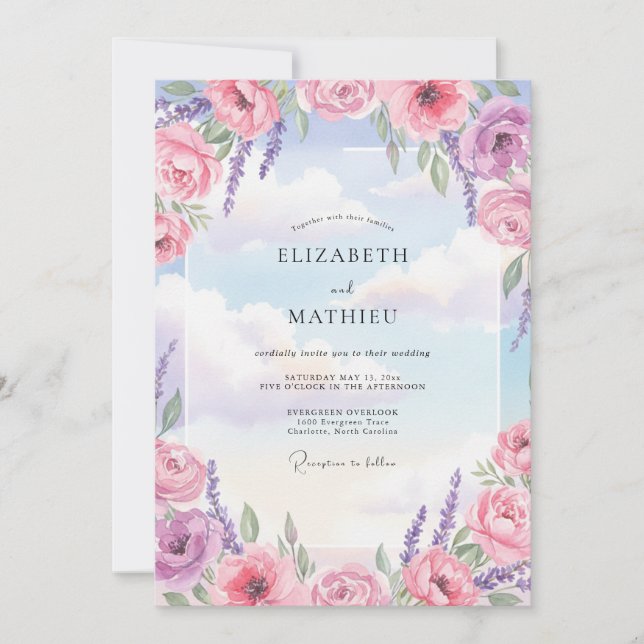 Convite Casamento Azul Violeta Ranunculus Eucalipto (Frente)