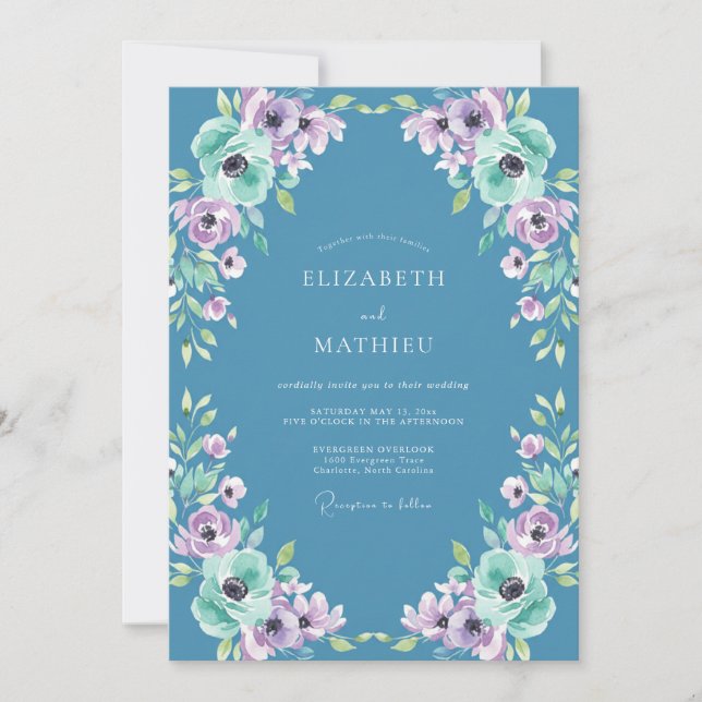 Convite Casamento Azul Violeta Ranunculus Eucalipto Poento (Frente)