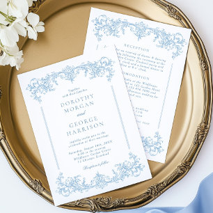 Convite Casamento azul vitoriano clássico em francês