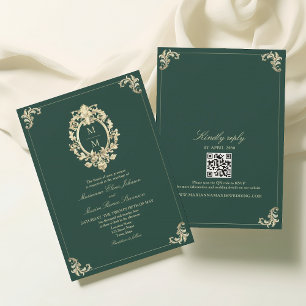 Convite Casamento Barroco a Dourado e Verde Esmeralda