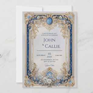 Convite Casamento Barroco Azul Safira Vitoriano Regal em O