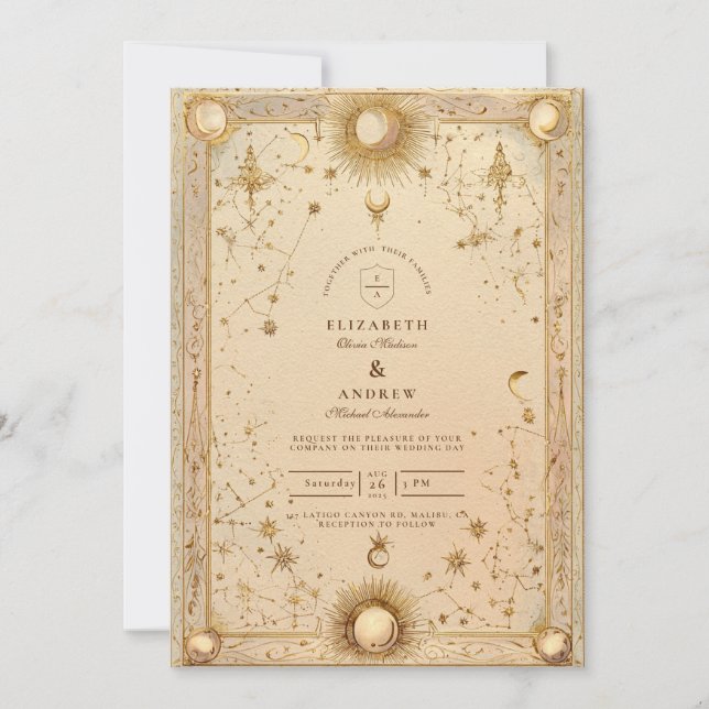 Convite Casamento Barroco Celestial Dourado (Frente)