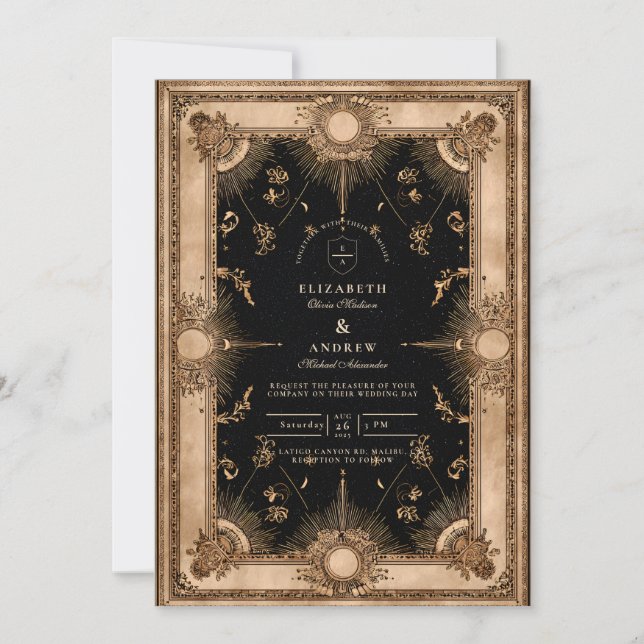 Convite Casamento Barroco Celestial Preto e Dourado (Frente)