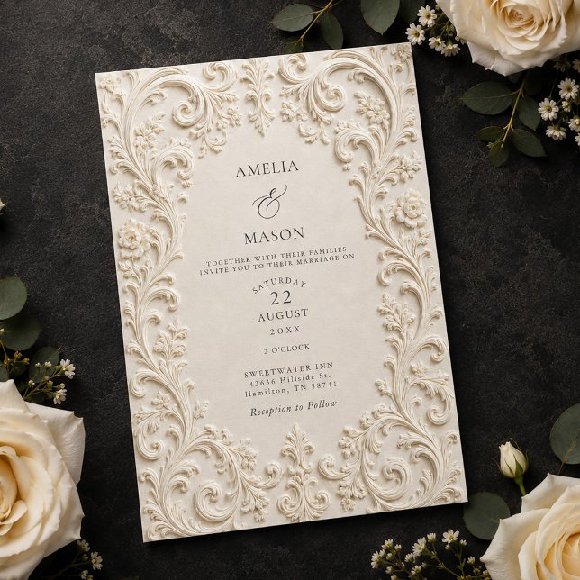 Convite Casamento Barroco com Floral de Marfim Elegante (Elegant Ivory Floral Scrollwork Baroque Wedding Invitation)