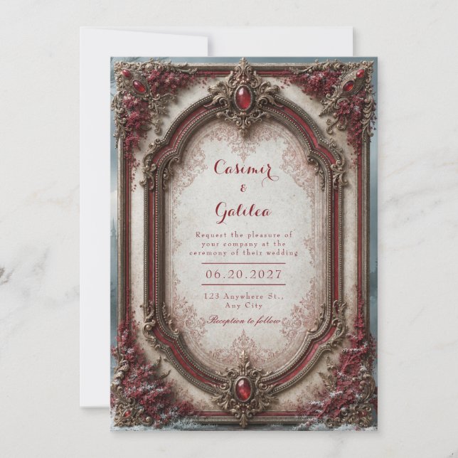 Convite Casamento Barroco com Joia Carmesim (Frente)