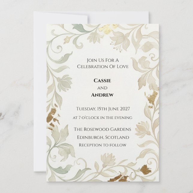 Convite Casamento Barroco com Tons de Sage Pálido (Frente)