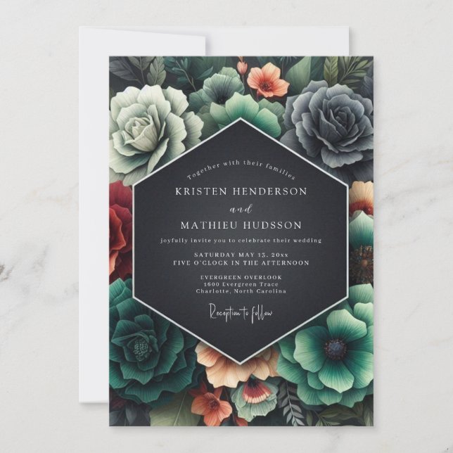 Convite Casamento Barroco de Coral e Carvão (Frente)
