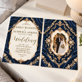 Convite Casamento Barroco de Veludo Azul Meia-Noite