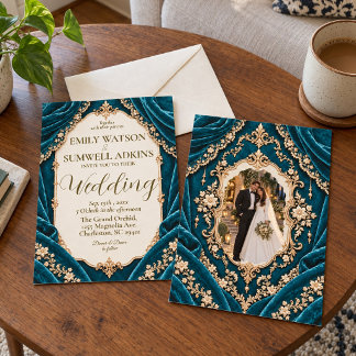 Convite Casamento Barroco de Veludo Azul Verde Pavão Profu