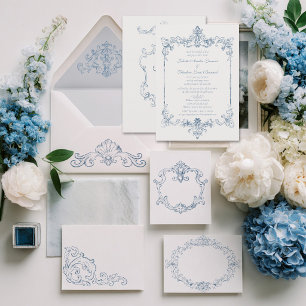 Convite Casamento Barroco em Azul Empoeirado
