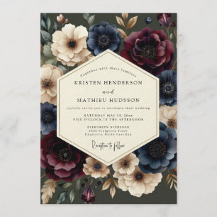 Convite Casamento Barroco em Burgundy e Azul Marinho