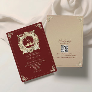 Convite Casamento Barroco em Burgundy e Dourado