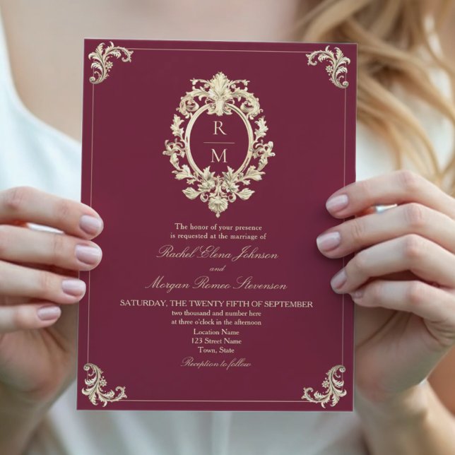Convite Casamento Barroco em Dourado Borgonha (Criador carregado)