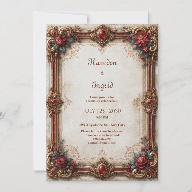 Convite Casamento Barroco em Rubi e Ouro (Frente)