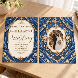 Convite Casamento Barroco em Veludo Azul Empoeirado