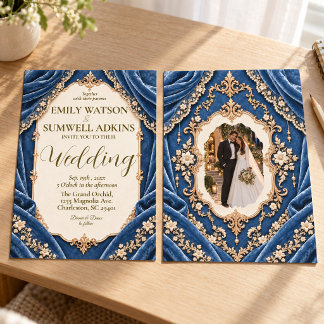 Convite Casamento Barroco em Veludo Azul Empoeirado