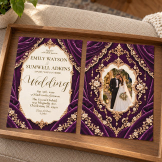 Convite Casamento Barroco em Veludo Roxo Real
