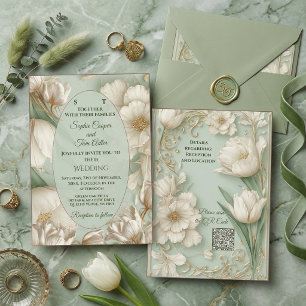 Convite Casamento Barroco Ornatado em Verde Sálvia com Tul