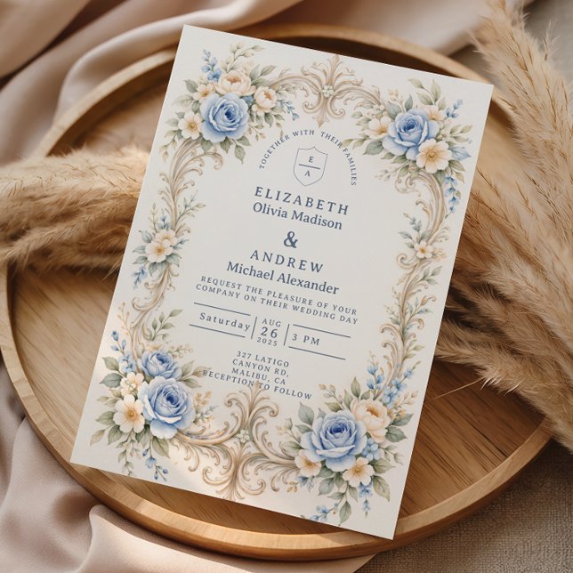 Convite Casamento Barroco Rosa Azul Poeirento (Criador carregado)