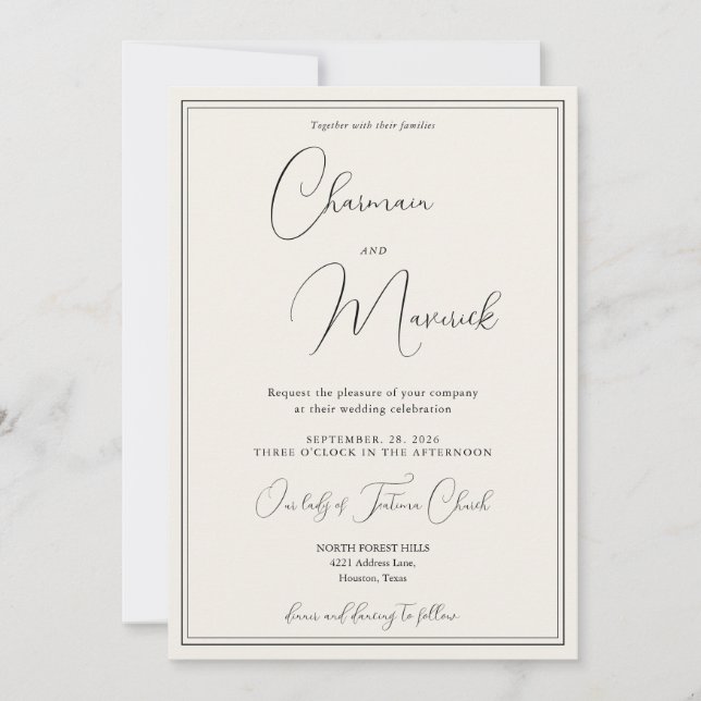 Convite Casamento Bege Clássico Elegante  (Frente)
