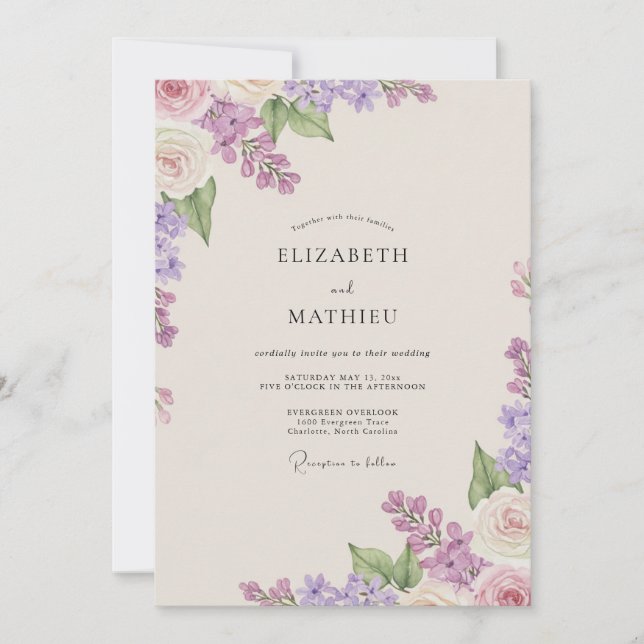 Convite Casamento Bege com Amor-perfeito Costeiro (Frente)