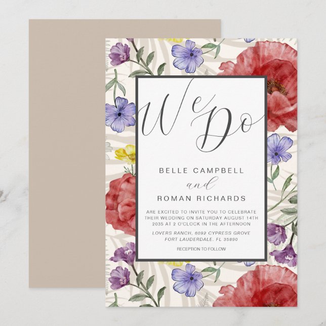 Convite Casamento Bege com Flores Silvestres em Aquarela B (Frente/Verso)