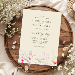 Convite Casamento bege floral de flores silvestres minimal