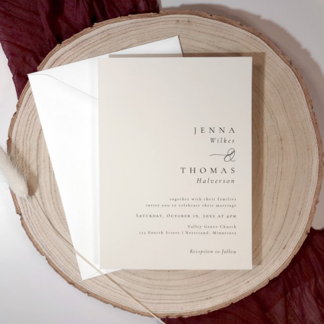Convite Casamento Bege Minimalista Elegante Simples (Elegant beige wedding invitation with minimalist layout and modern script details.)