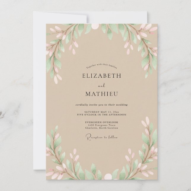 Convite Casamento Beige com Toques de Rosa e Folhas (Frente)